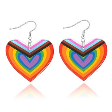Imagem de Mintolex Brincos pendentes de coração LGBT arco-íris para mulheres e homens, presentes LGBTQ, bissexual, orgulho lésbico, presentes com bandeira de progresso, acessórios de joias de acrílico, Small