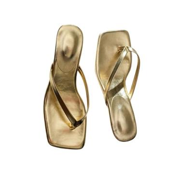Imagem de GORGLITTER Sandálias femininas de salto dourado elegantes metálicas sem cadarço salto quadrado sandália tanga festa, Dourado, 39