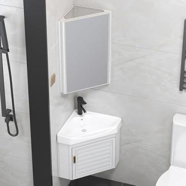 Imagem de Armário de pia de banheiro de canto com pia e espelho de cerâmica para montagem na parede, solução de armazenamento que economiza espaço para fácil instalação no banheiro e na cozinha