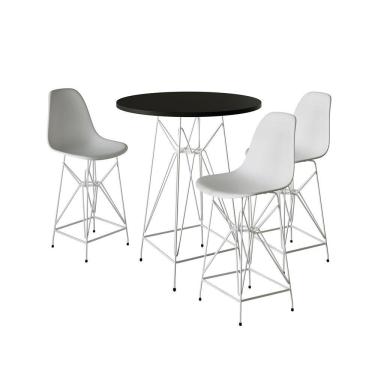 Imagem de Jogo Mesa Bistrô Eames Preta 60Cm 3 Banquetas Branca Base Ferro Branco - Cor: Preto