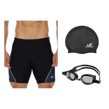 Imagem de Kit Bermuda Natação Touca Silicone E Óculos UV+ Anti Embaçante (Preto/Cinza Óculos - Preto, P)