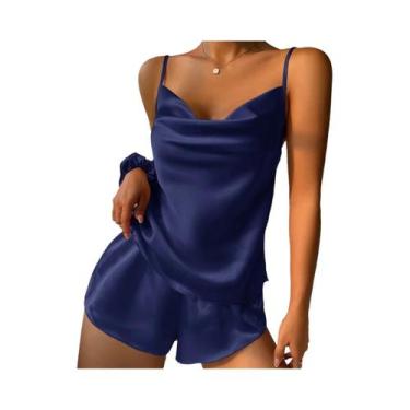 Imagem de Conjunto De Pijama Feminino Em Cetim Liso Com Top Cami Decote V E Shor