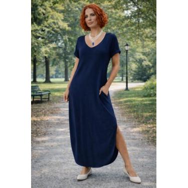 Imagem de Vestido Gola V Barra Oval Com Bolso - modanascimento, Azul Marinho, G1