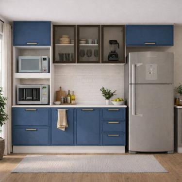 Imagem de Cozinha 4 Peças Balcão com Tampo, Torre Quente, Aéreo Vidro, Baculante e Rodapé Amara Azul/Branco