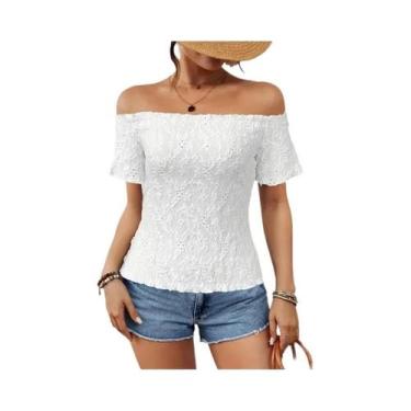 Imagem de Blusas De Renda plus Size Com Ombros Descobertos, Manga Bufante Em Tul