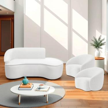 Imagem de Kit Divã Recamier Orgânico Marrocos 180cm Lado Direito E 2 Poltronas Amore Bouclé Branco