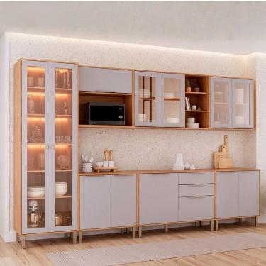 Imagem de Cozinha Modulada 7 Peças com 1 Cristaleira 3 Balcões e 3 Armários Aéreos Brilhante Cinamomo/Platina