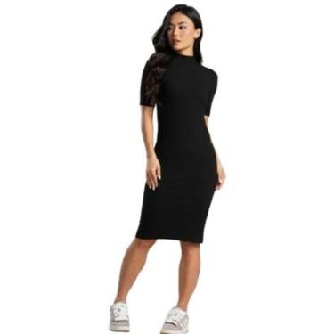 Imagem de Vestido Midi Manga Curta Vekyo Gola Alta Blogueira Canelado Moda Casual Feminina-Feminino