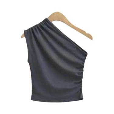 Imagem de Camisola Feminina De Um Ombro Irregular Sem Mangas Sexy Sólida Casual 