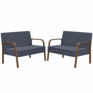 Imagem de Kit 2 Poltrona 2 Lugares Jade Braço Madeira D Salla Azul Bic