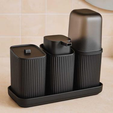 Imagem de Kit Banheiro 3 Peças com Bandeja Dispenser 400ML Porta Algodão Escovas e Sabonete Líquido para Organização e Decoração