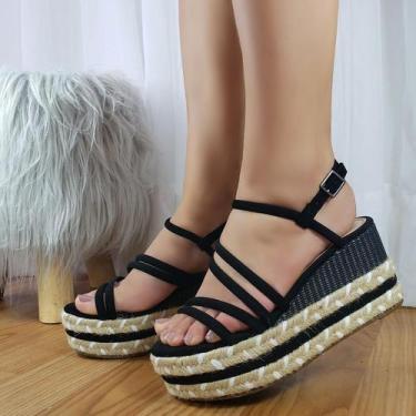 Imagem de Sandália Plataforma Flatform Preta Tiras Salto Médio Azillê, 37