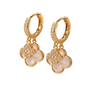 Imagem de Brinco Argola Dourado Trevo Duplo 4 Folhas Zircônias Cravejadas - Alfa