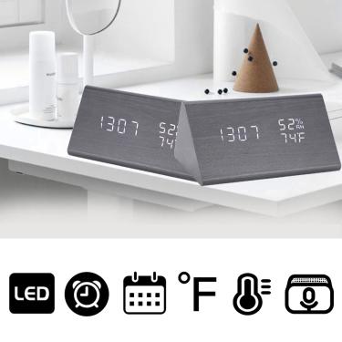 Imagem de Despertador de madeira, Despertador digital Relógio eletrônico de madeira com LED de mesa em madeira com 3 configurações de alarme, ideal para quarto,