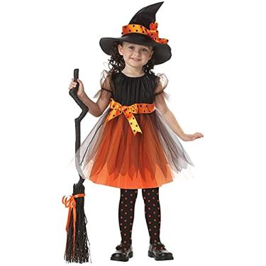 Imagem de Conjunto de fantasia de chapéu de bruxa para meninas de Halloween, cosplay de carnaval, tutu Kawaii (laranja, 8 a 9 anos)