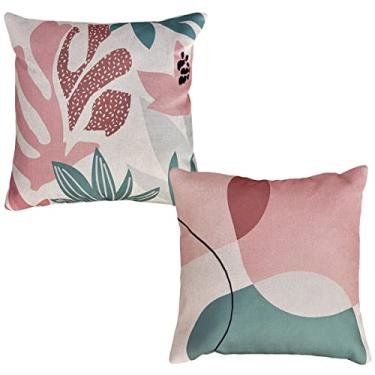 Imagem de Kit 2 Capas Almofada Linho Geometria Floral Rosa Verde 43x43 (Folha e Abstrata)