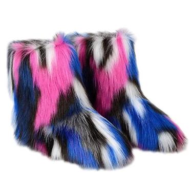 Imagem de TangDao Botas coloridas de pele sintética para mulheres, felpudo, felpudo, bico redondo, camurça, inverno, confortável, pelúcia, quente, curto, botas de neve, botas de cano médio para