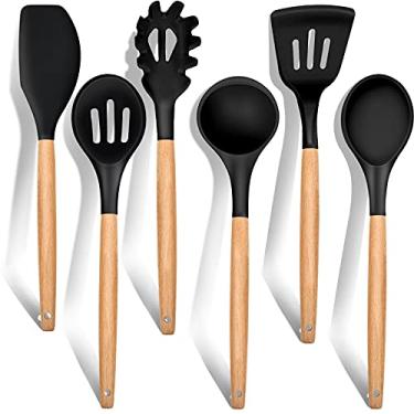 Imagem de E-far Conjunto de 6 utensílios de cozinha, utensílios de cozinha de silicone com cabo de madeira, antiaderentes e resistentes ao calor, inclui espátula/concha/espátula com fenda/colher de
