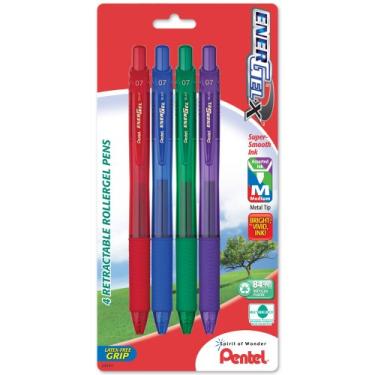 Imagem de Pentel Caneta de gel líquido retrátil EnerGel-X, 0,7 mm, linha média, ponta de metal, pacote com 4 (BL107BP4M1), sortido