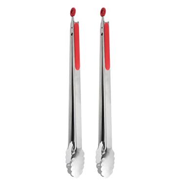Imagem de UPTALY Pinças de churrasco extra longas de 45 cm (2 peças, vermelhas), pinça de grelha de aço inoxidável com alça longa, pinça de comida de tamanho grande, pinças de carne espessas, pinça de servir para cozinhar, grelhar, churrasco, buffet