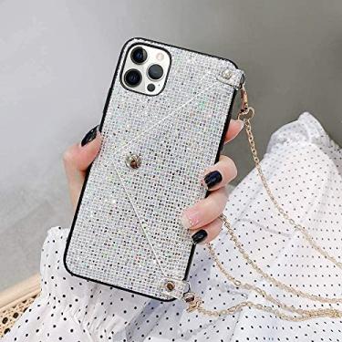 Imagem de Omorro Capa para iPhone 12 Pro Bling para mulheres, capa com lantejoulas de diamante com glitter, capa pequena para cartão de crédito, porta-dinheiro com corrente transversal brilhante, capa protetora traseira de policarbonato rígido, suporte feminino branco