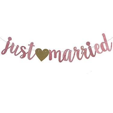 Imagem de Just Married Banner Guirlandas de glitter ouro rosa - Sinal Just Married - Faixa de casamento - Suprimentos de decoração de festa de despedida de solteira QWLQIAO
