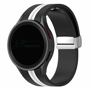 Imagem de Pulseira Listrada Fecho Magnetico LTIMPORTS, compativel com Galaxy Watch 6 - Galaxy Watch 5 - Galaxy Watch 4 (Preto/Branco, Fecho PRATA)