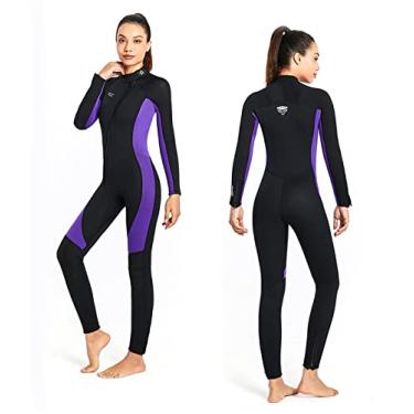 Imagem de Roupas molhadas para mulheres homens 3 mm neoprene traje de mergulho de corpo inteiro para água fria, mangas compridas zíper frontal maiô térmico de uma peça para surfe, snorkeling caiaque natação canoagem, feminino, roxo