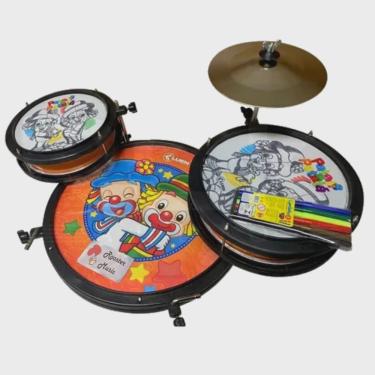 Imagem de Bateria Infantil Pocket Drum Luen, com banco, baquetas, prato e canetinha.