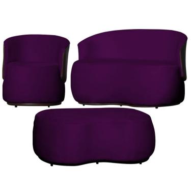 Imagem de Kit 1 Poltrona 1 Namoradeira e 1 Puff Grande Design Orgânico Beatriz Veludo Composê Corino Marrom - Estopar