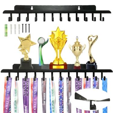Imagem de MXHHR Prateleira de troféu para exibição de medalhas com 12 ganchos para parede, exibição de medalha de corrida para ginástica, corrida, futebol, natação
