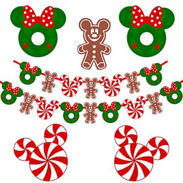 Imagem de Decorações de Natal do Mickey Mouse, guirlanda de Natal do Mickey Mouse, banner de festa de aniversário do Mickey Mouse, doces de Natal, hortelã, guirlanda de lareira e decorações de casa