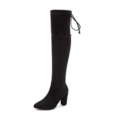 Imagem de Botas femininas acima do joelho salto grosso bota com zíper sexy bico fino cano alto cadarço botas, Camurça preta, 6.5
