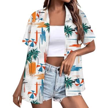 Imagem de Camiseta feminina havaiana verão floral estampa tropical legal Havaí camiseta manga curta abotoada lapela blusa túnica, Branco, M
