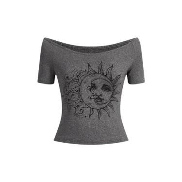 Imagem de SOLY HUX Camisetas femininas com ombros de fora, gola V, manga curta, estampa Y2k, Estampa cinza, M