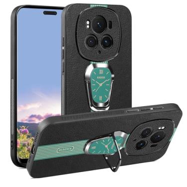Imagem de Kainevy Capa para Honor Magic 6 Pro de couro durável de silicone à prova de choque protetora preta fina Honor Magic 6 Pro com suporte de anel de metal magnético estética luxuosa elegante (verde)