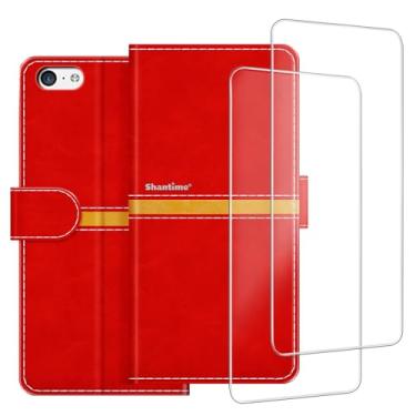 Imagem de ESACMOT Capa de celular compatível com iPhone 5C + [2 unidades] película protetora de tela de vidro, capa protetora magnética de couro premium para iPhone 5C (4 polegadas) vermelha