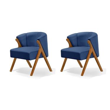 Imagem de Kit 2 Poltronas Luxo Moderna Luna Pés em Madeira Maciça Veludo Azul