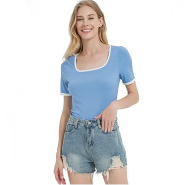 Imagem de Camiseta feminina de manga curta de malha de verão gola quadrada 2024 blusa casual moderna, Azul, P