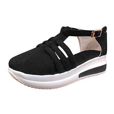 Imagem de Wedge Platform Cusual Sandálias femininas sólidas sandálias modernas com fivela de tira, Preto, 36