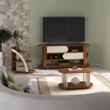 Imagem de Conjunto para Sala de Estar Mundi com Rack para TV até 65 Polegadas, Mesa de Centro e Mesa Lateral Cedro e Off White