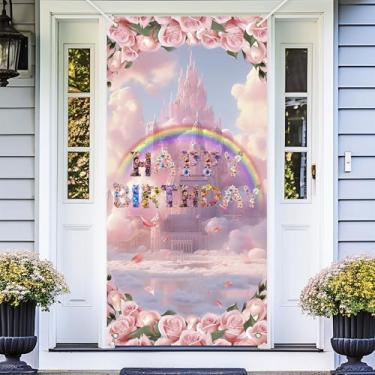 Imagem de Castelo de princesa flor feliz aniversário pano de fundo banner castelo real arco-íris rosa tema decoração de porta para princesas meninas chá de bebê lembrancinhas de festa de aniversário suprimentos