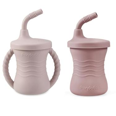 Imagem de PandaEar Pacote com 2 copos de silicone para treinamento de bebê, copos infantis inquebráveis com canudo para bebês e crianças de 6 meses + 142 g (rosa escuro/rosa claro)