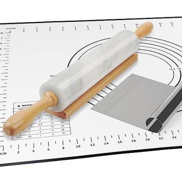 Imagem de Koville Rolo de massa de mármore africano de luxo, rolo de massa polida antiaderente, macarrão, bolinho de massa, fondant, massa de torta, pão, massa de pizza, utensílios de pastelaria de cozinha com tapete/raspador (fantasia do Namib)
