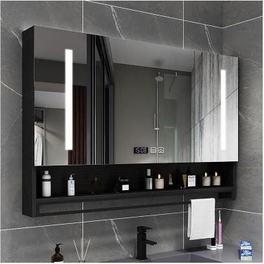 Imagem de Armário de medicina de banheiro iluminado por LED retangular com espelho Armário de espelho de banheiro com luzes e organizador de armazenamento de desembaçador, branco, 90cm