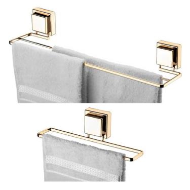 Imagem de Kit Banheiro 2 Peças Suporte Porta Toalha Toalheiro Duplo Ventosa Dour