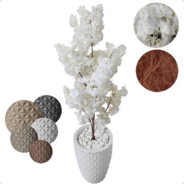 Imagem de Flor Cerejeira Branca Japonesa Arranjo Artificial com Vaso de Decoraçã
