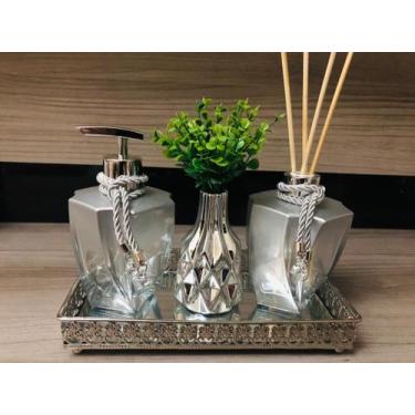 Imagem de Kit Lavabo Luxo Prata Cromado Aromatizador Sabonete Vaso - Ateliê Cria