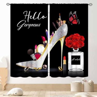 Imagem de Cortinas modernas, mulheres, meninas, sapatos de salto alto, perfume, floral, rosa, maquiagem, batom, romântico, preto, janela, cortina, tratamentos para quarto, sala de estar, banheiro, 2 painéis,