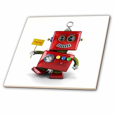 Imagem de 3dRose Happy Vintage Toy Robot Waving A Party Sign While Dancing Cute Funny Celebrate Celebration - Azulejo de cerâmica, 15 cm (ct_158013_2)